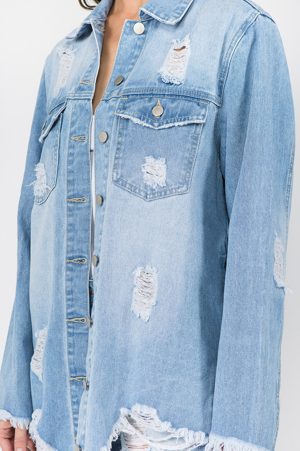 American Bazi Distressed Frayed Hem Denim Jacket-BT8D