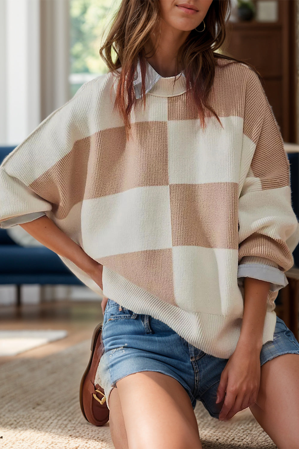 Color Block Round Neck Long Sleeve Sweater-BT8D