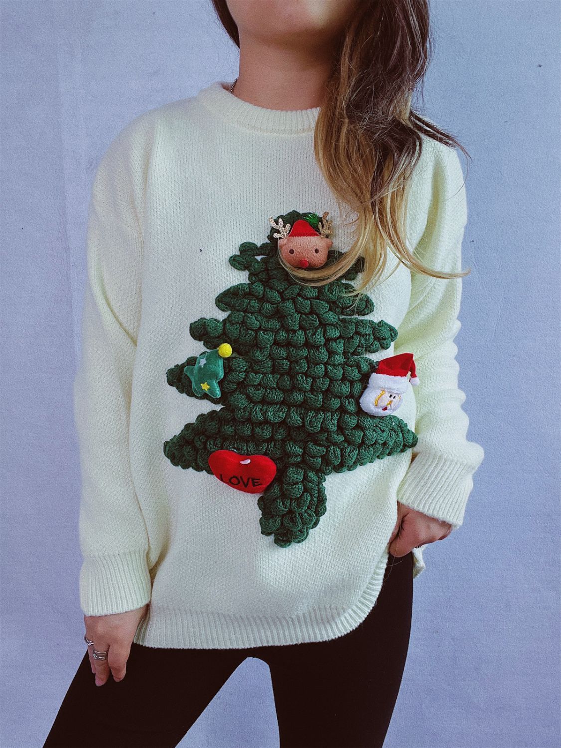 Christmas Tree Round Neck Long Sleeve Sweater-BT8D