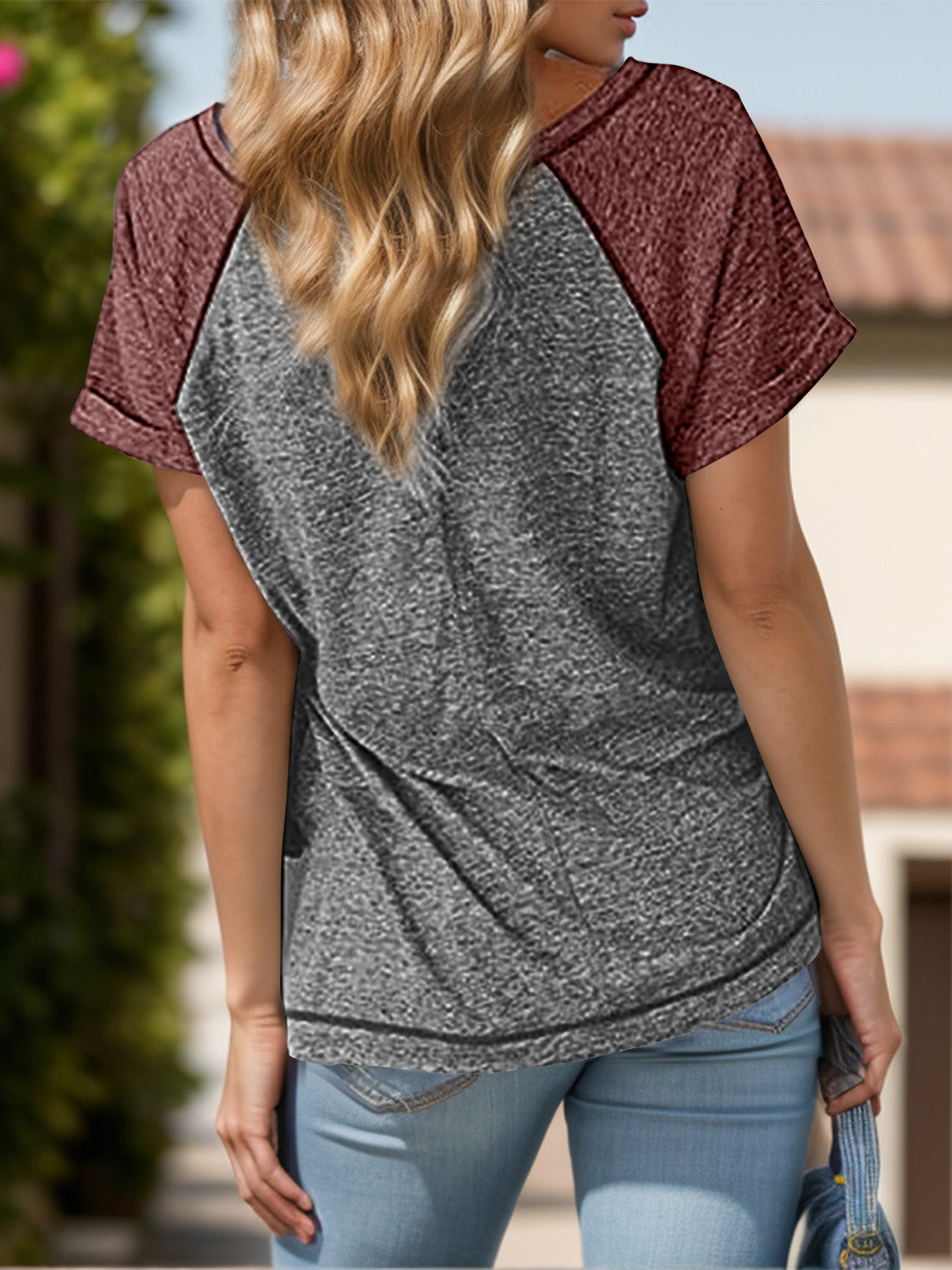 Contrast Notched Short Sleeve T-Shirt-BT8D