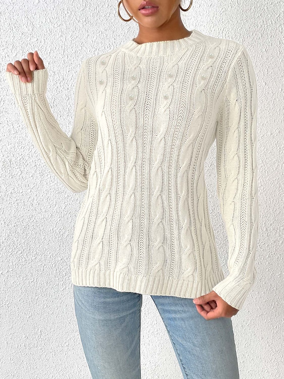 Cable-Knit Round Neck Long Sleeve Sweater-BT8D