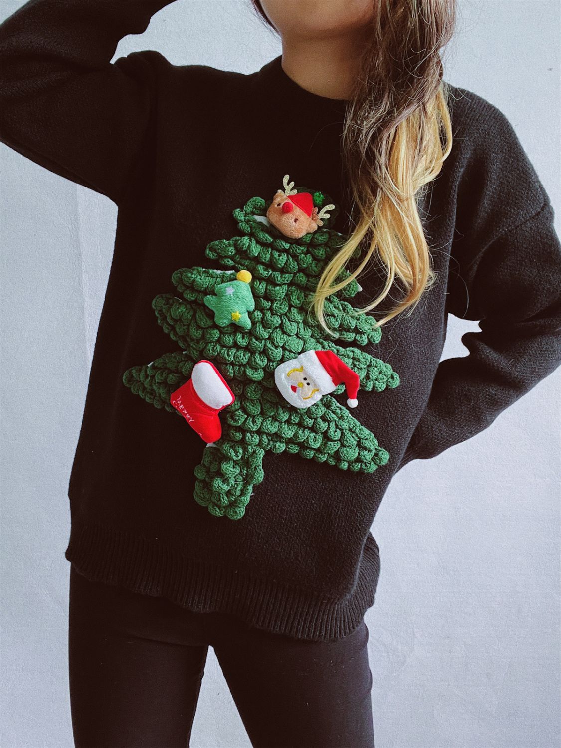 Christmas Tree Round Neck Long Sleeve Sweater-BT8D