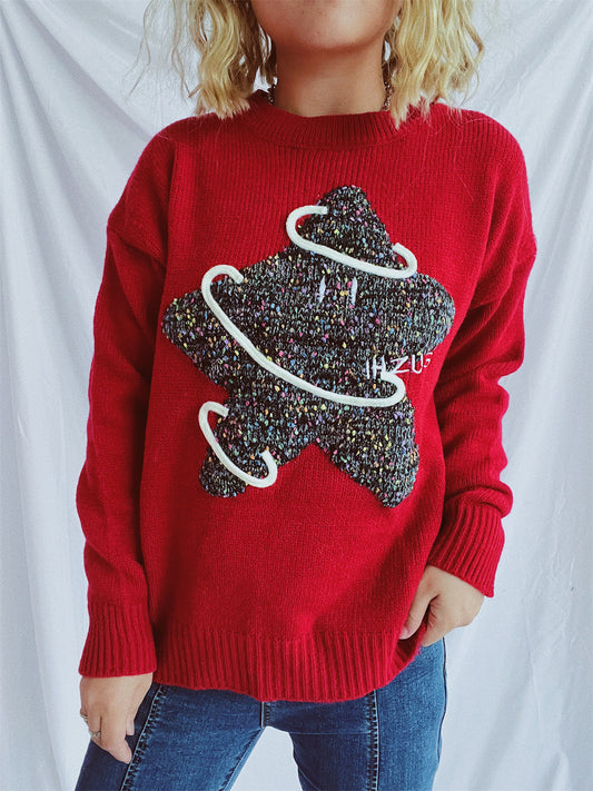 Contrast Star Round Neck Long Sleeve Sweater-BT8D
