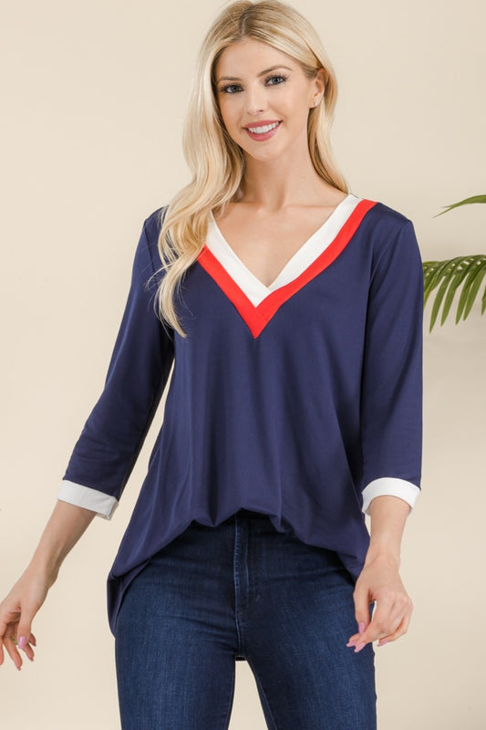 Celeste Full Size Celeste Full Size V-Neck Contrast T-Shirt-BT8D