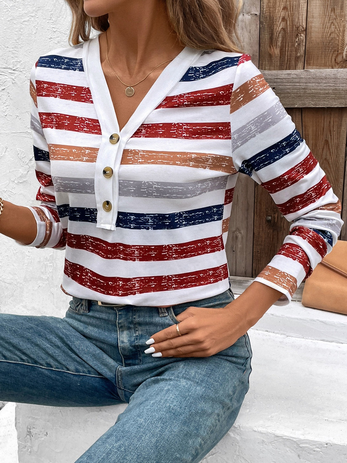 Contrast Striped V-Neck Long Sleeve T-Shirt-BT8D