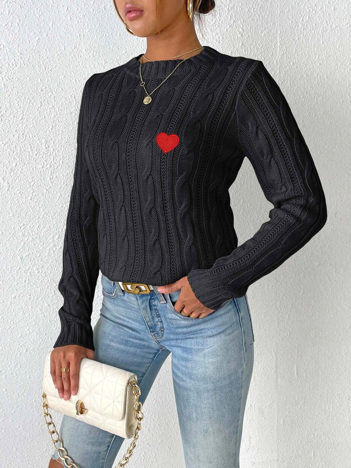 Cable-Knit Heart Round Neck Long Sleeve Sweater-BT8D