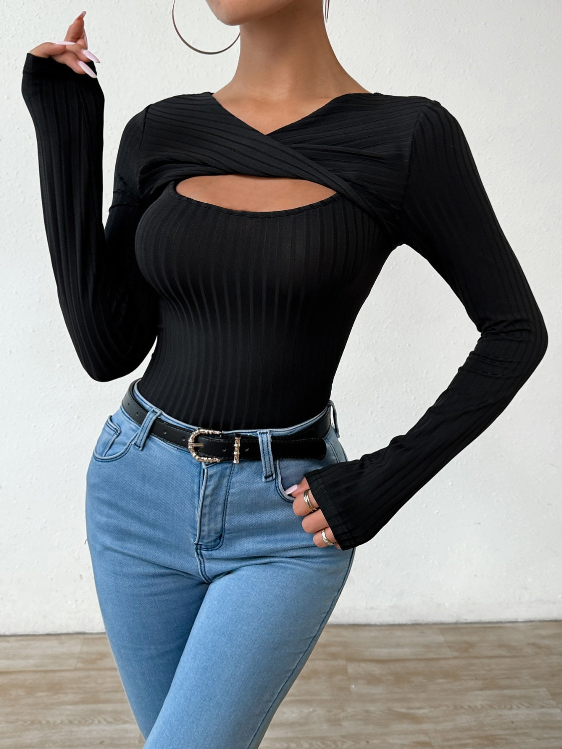 Cutout Surplice Long Sleeve T-Shirt-BT8D