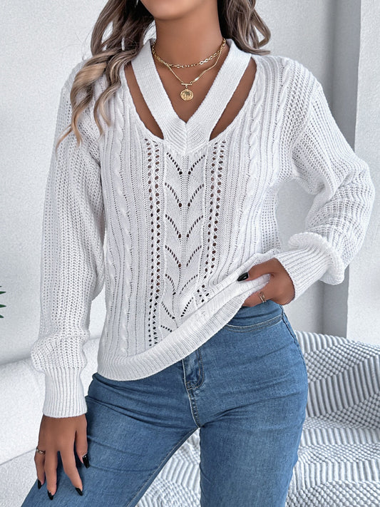 Cutout V-Neck Long Sleeve Sweater-BT8D