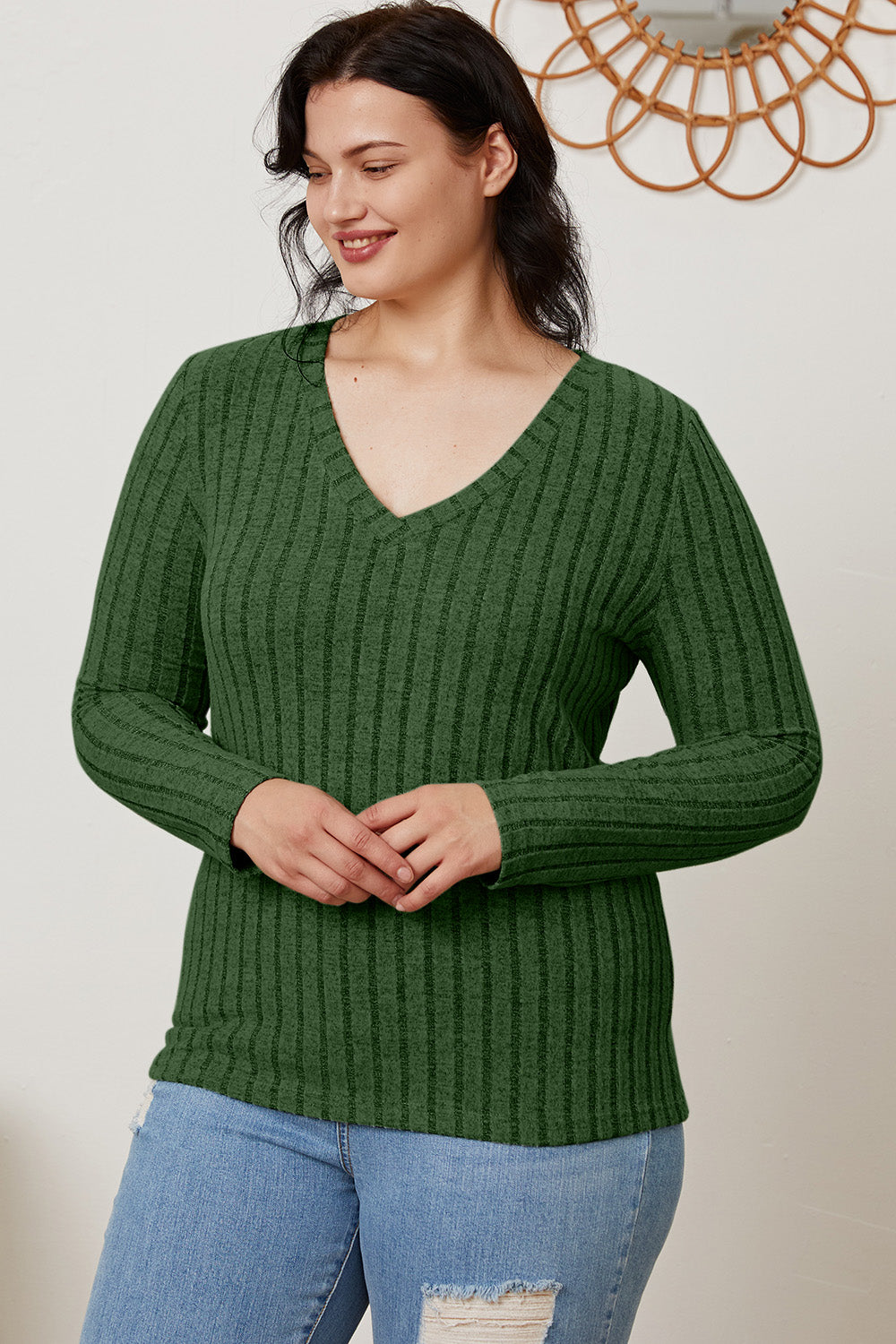 Basic Bae Full Size Ribbed V-Neck Long Sleeve T-Shirt-BT8D