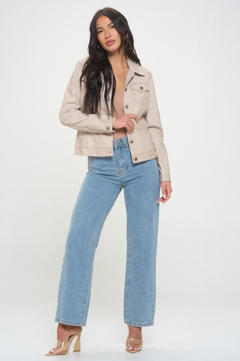 Coalition LA Button Down Cargo Vegan Leather Shacket-BT8D