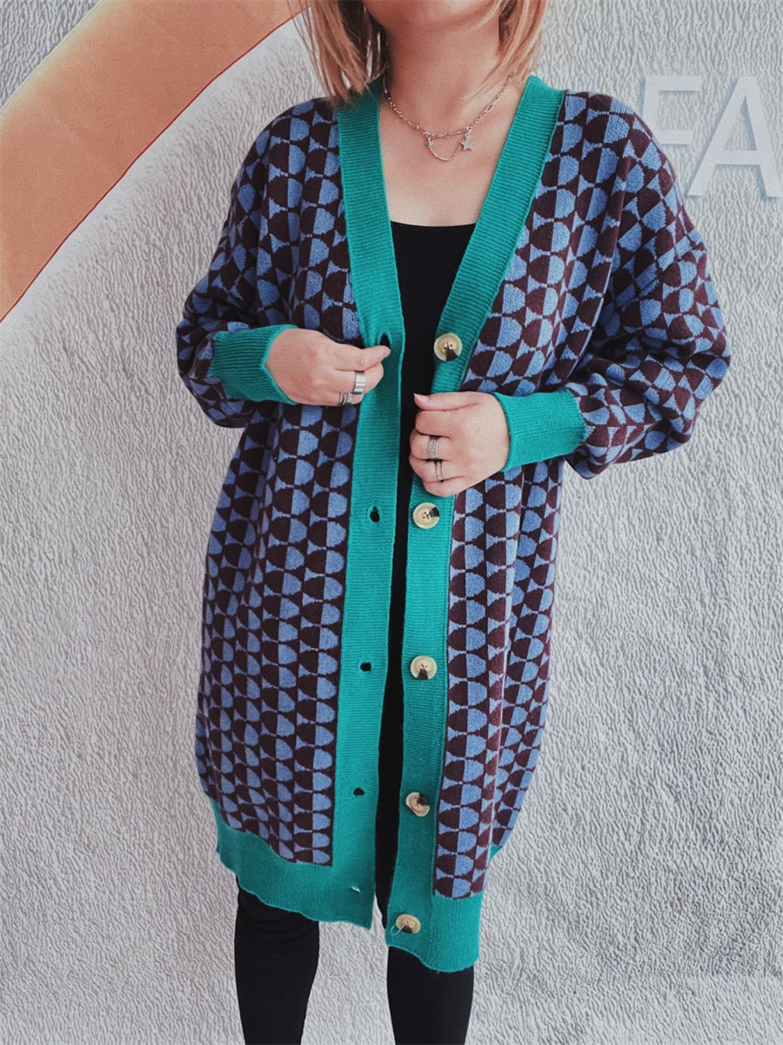 Contrast Trim Geometric Button Down Cardigan-BT8D