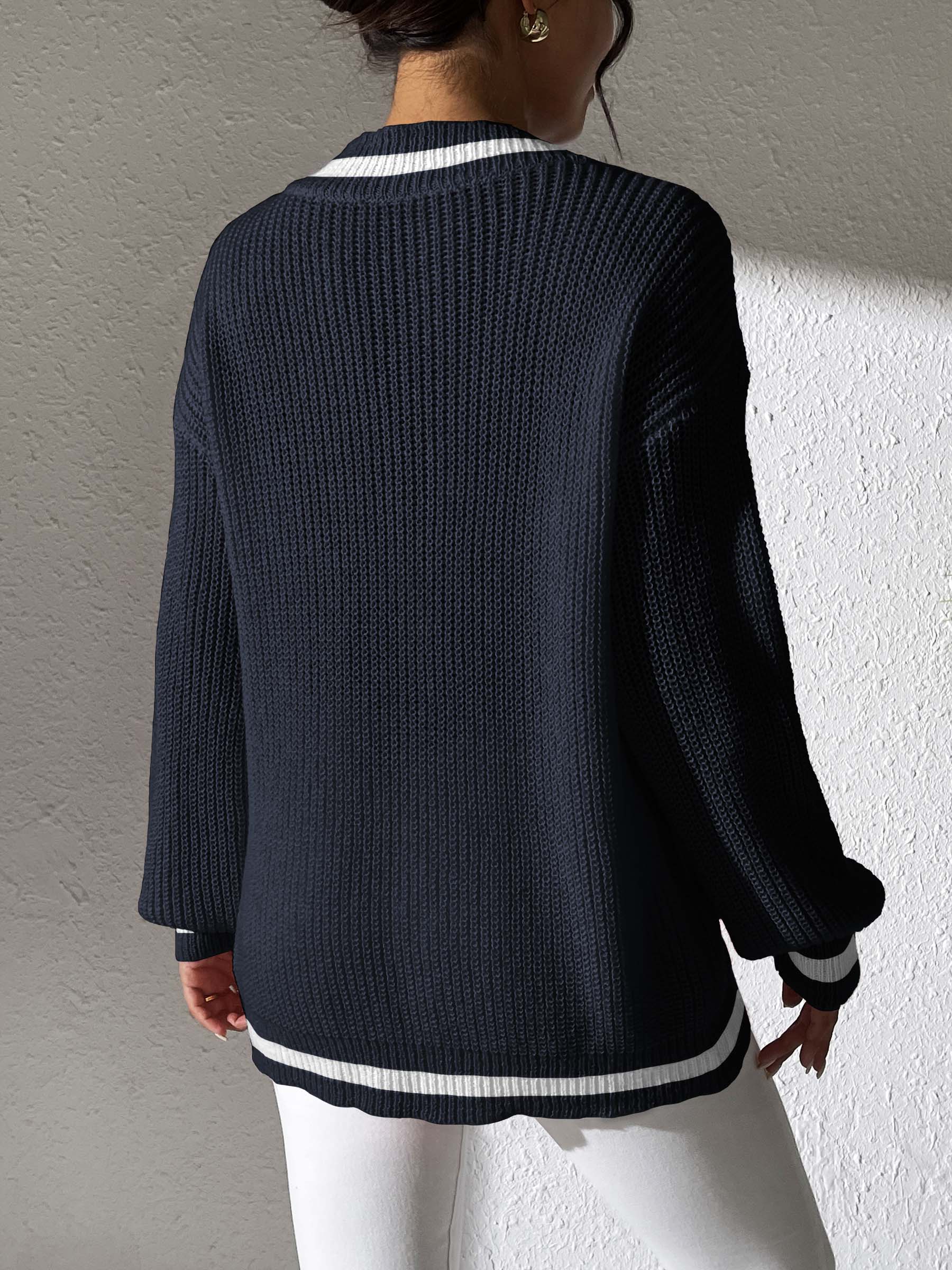 Contrast Trim V-Neck Long Sleeve Sweater-BT8D