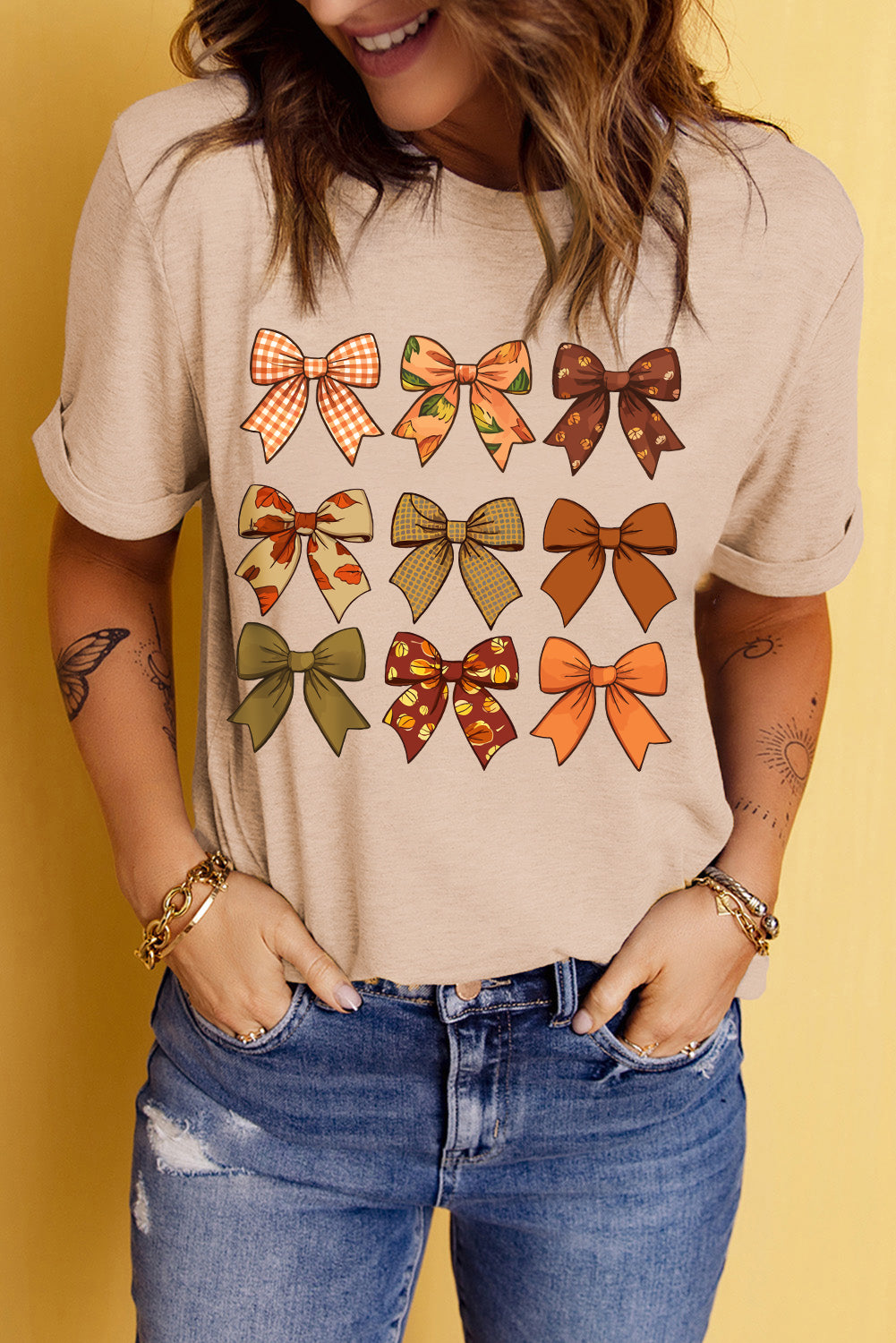 Bow Graphic Round Neck Short Sleeve T-Shirt-BT8D