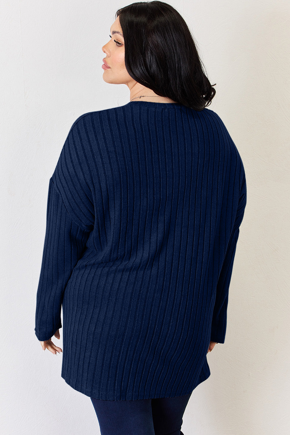 Basic Bae Full Size Ribbed Half Button Long Sleeve High-Low T-Shirt-BT8D