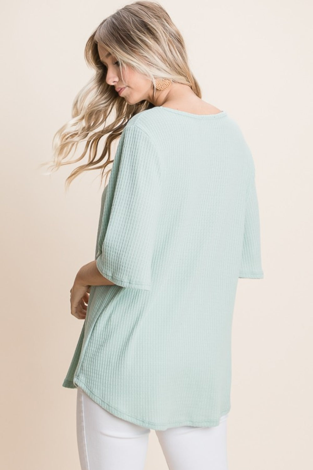BOMBOM Round Neck Waffle Knit T-Shirt-BT8D
