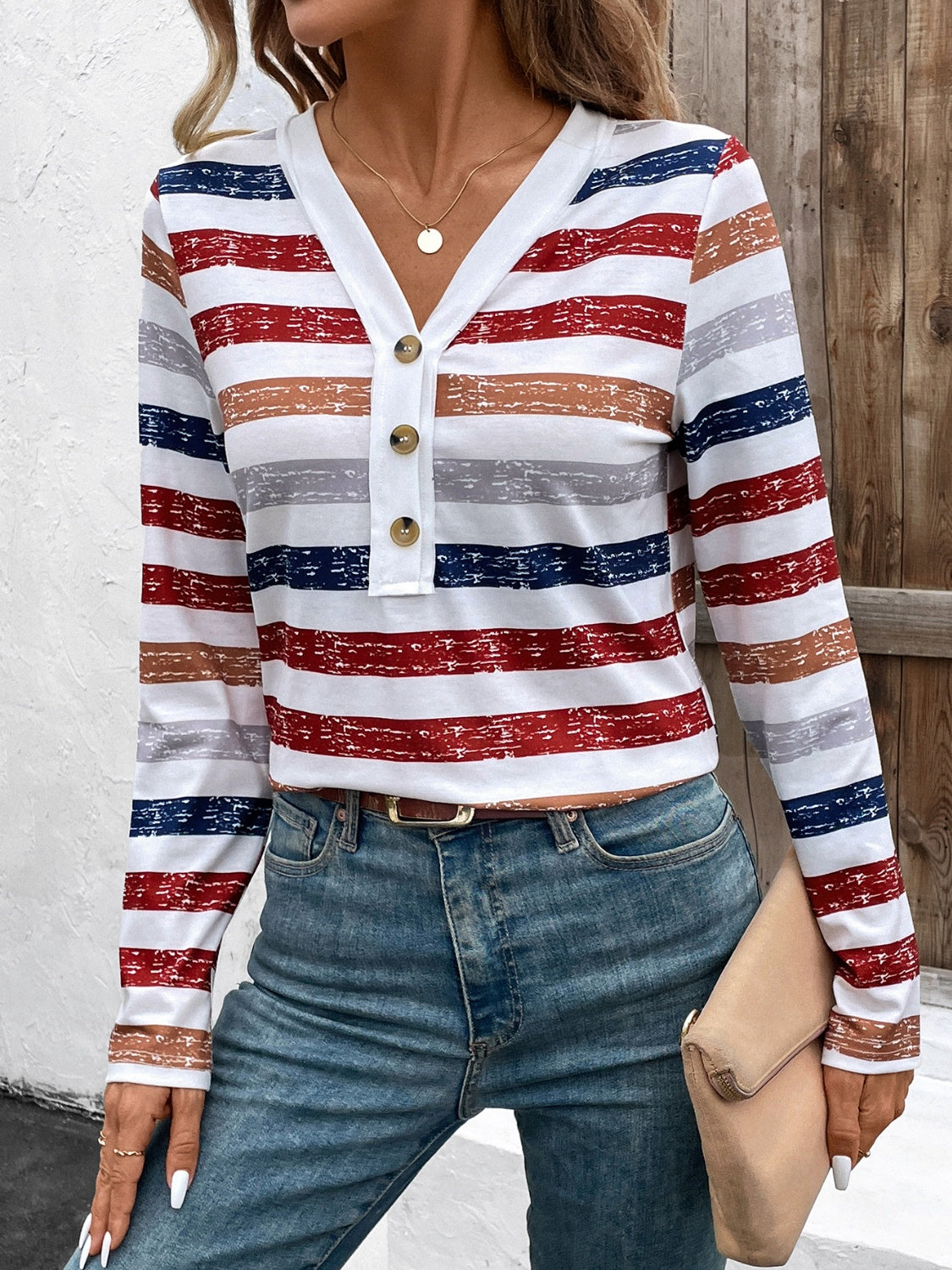 Contrast Striped V-Neck Long Sleeve T-Shirt-BT8D