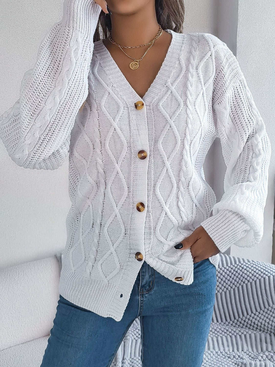 Cable-Knit Long Sleeve Cardigan-BT8D