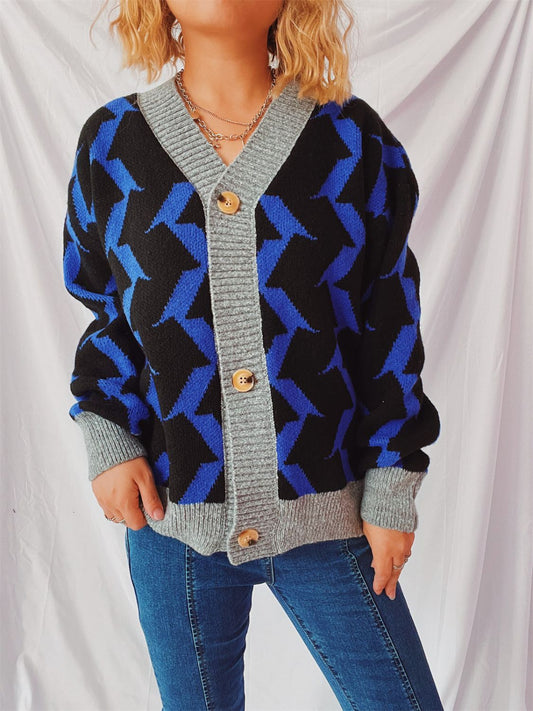Contrast Trim Geometric V-Neck Long Sleeve Cardigan-BT8D