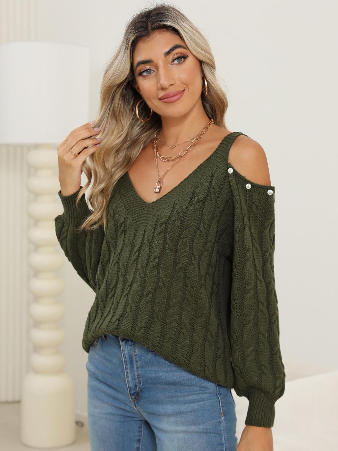 Cable-Knit Cold Shoulder Sweater-BT8D