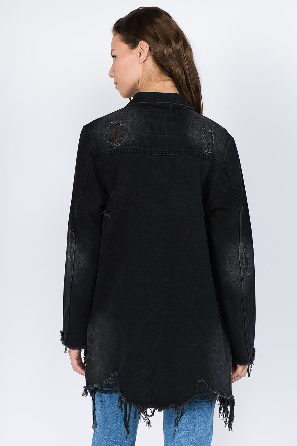 American Bazi Distressed Frayed Hem Denim Jacket-BT8D
