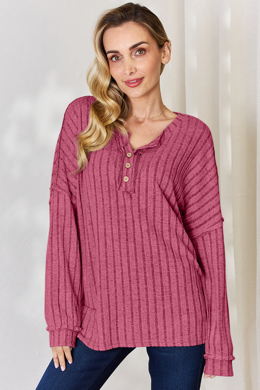 Basic Bae Full Size Ribbed Half Button Long Sleeve T-Shirt-BT8D