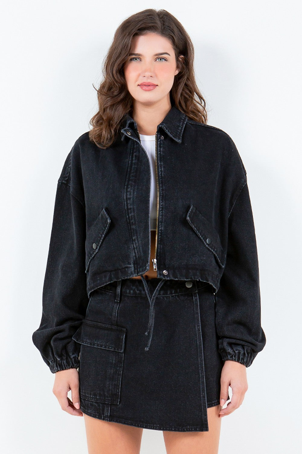 American Bazi Drawstring Waist Crop Denim Jacket-BT8D