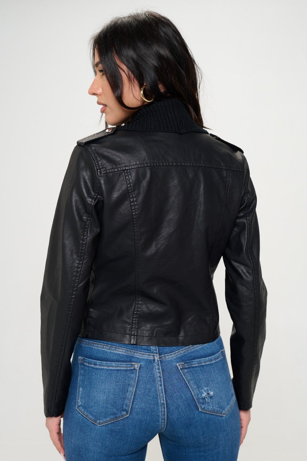 Coalition LA Knit Collared Faux Leather Crop Jacket-BT8D