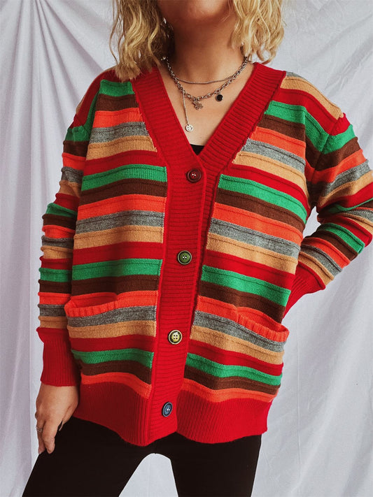 Contrast Stripes Button Up Long Sleeve Cardigan-BT8D
