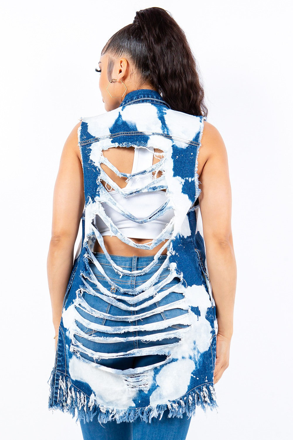 American Bazi Distressed Frayed Edge Longline Denim Vest-BT8D