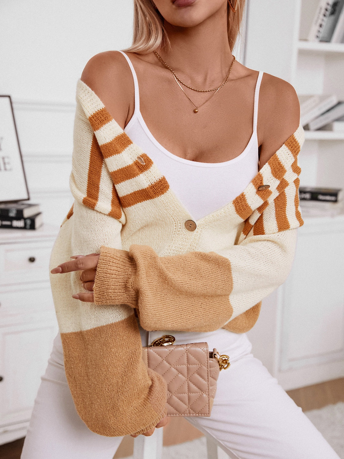 Color Block V-Neck Button Down Long Sleeve Cardigan-BT8D