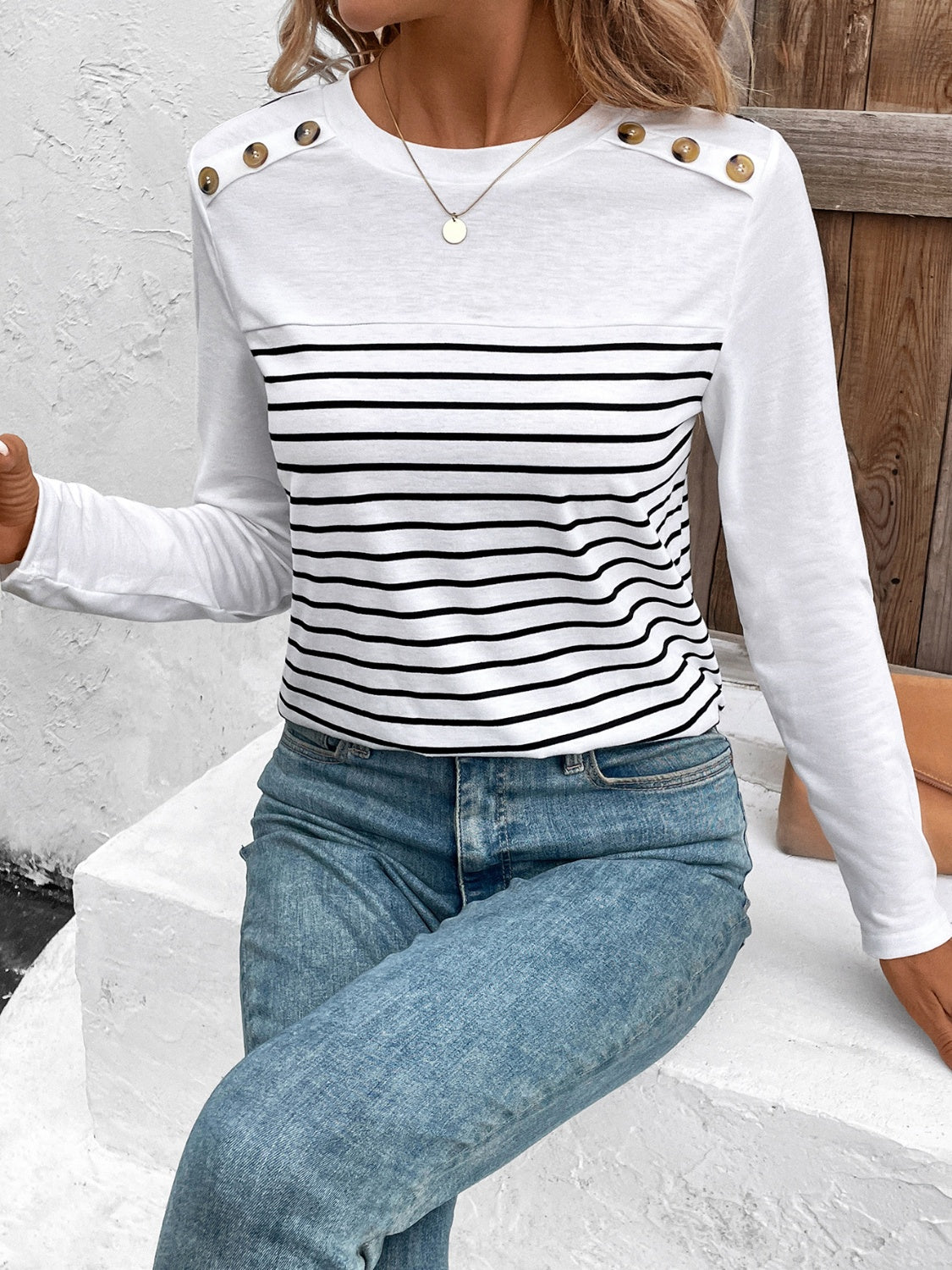 Decorative Button Striped Round Neck Long Sleeve T-Shirt-BT8D