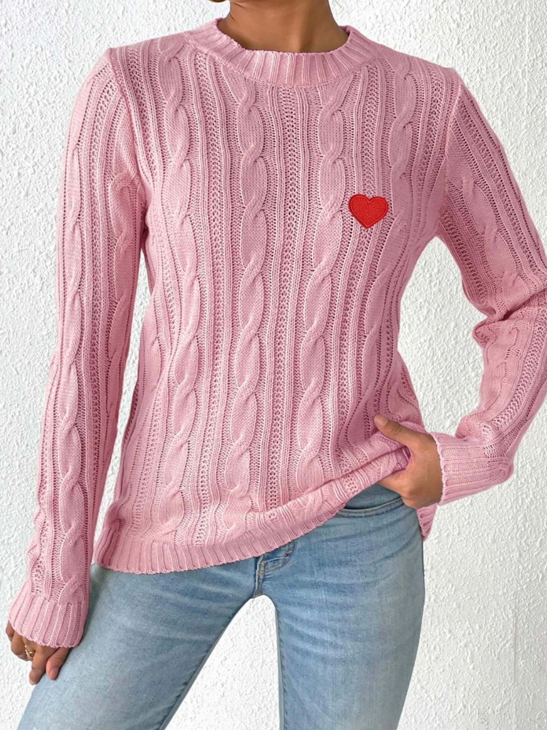 Cable-Knit Heart Round Neck Long Sleeve Sweater-BT8D