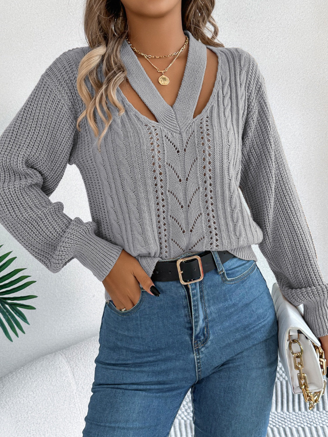 Cutout V-Neck Long Sleeve Sweater-BT8D