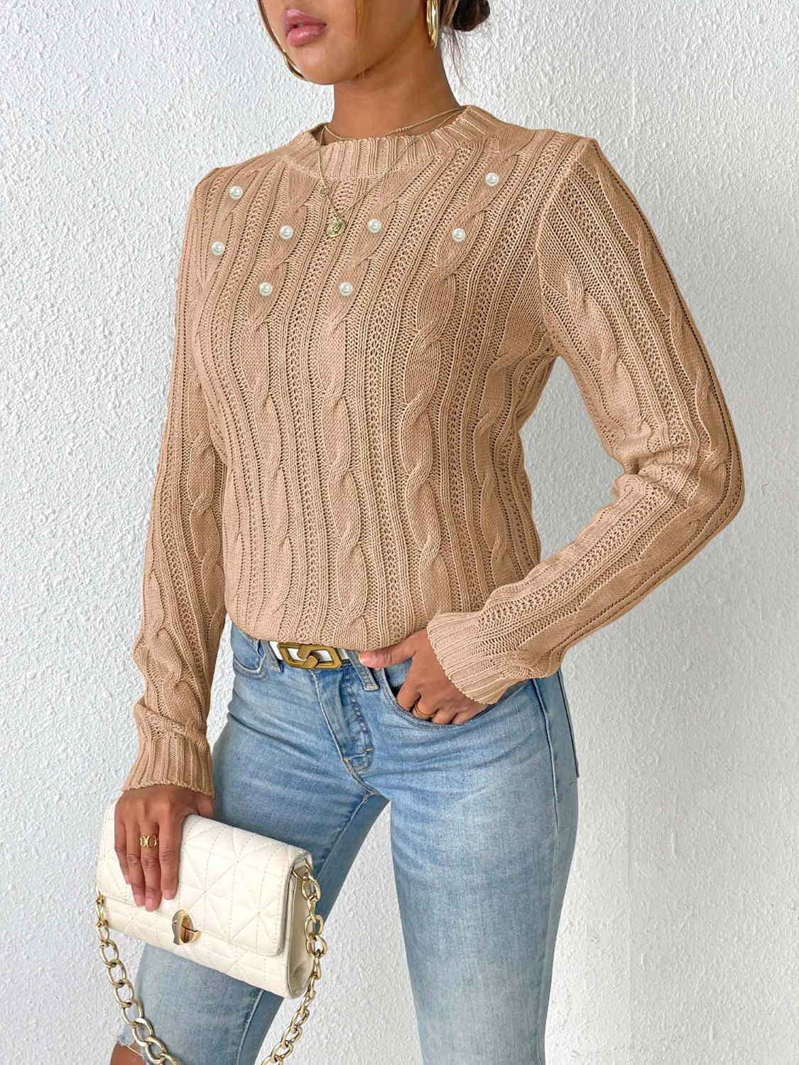 Cable-Knit Round Neck Long Sleeve Sweater-BT8D