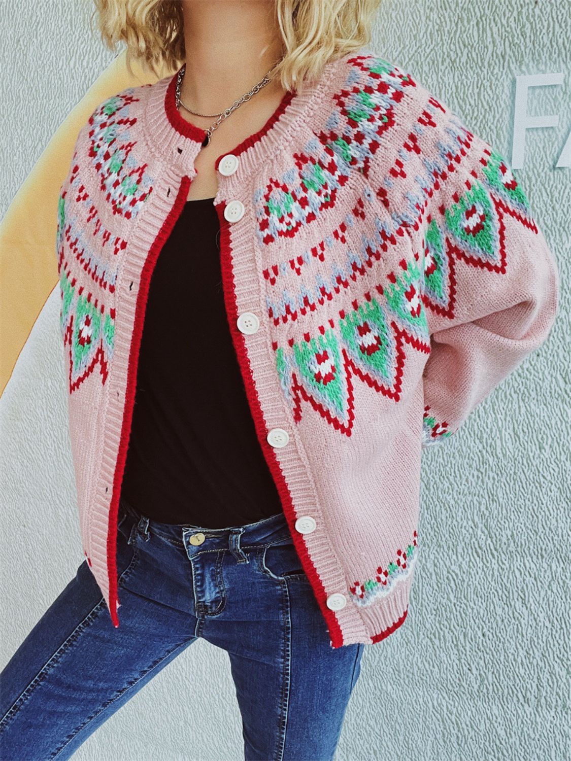 Contrast Geometric Round Neck Long Sleeve Cardigan-BT8D
