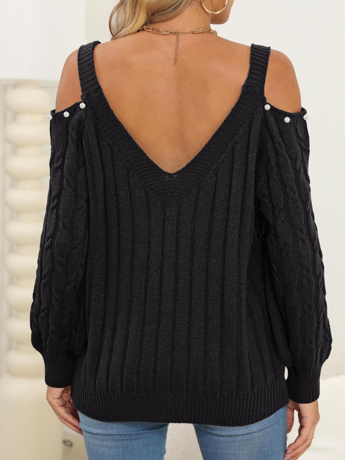Cable-Knit Cold Shoulder Sweater-BT8D