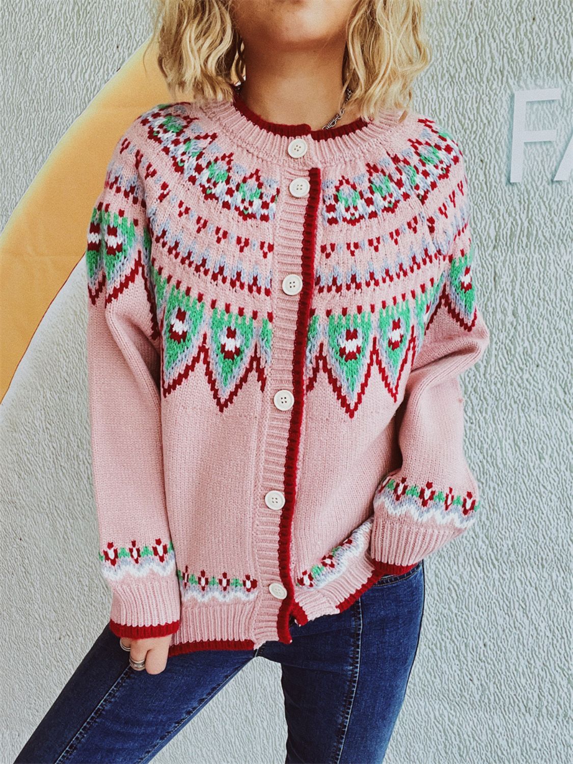 Contrast Geometric Round Neck Long Sleeve Cardigan-BT8D