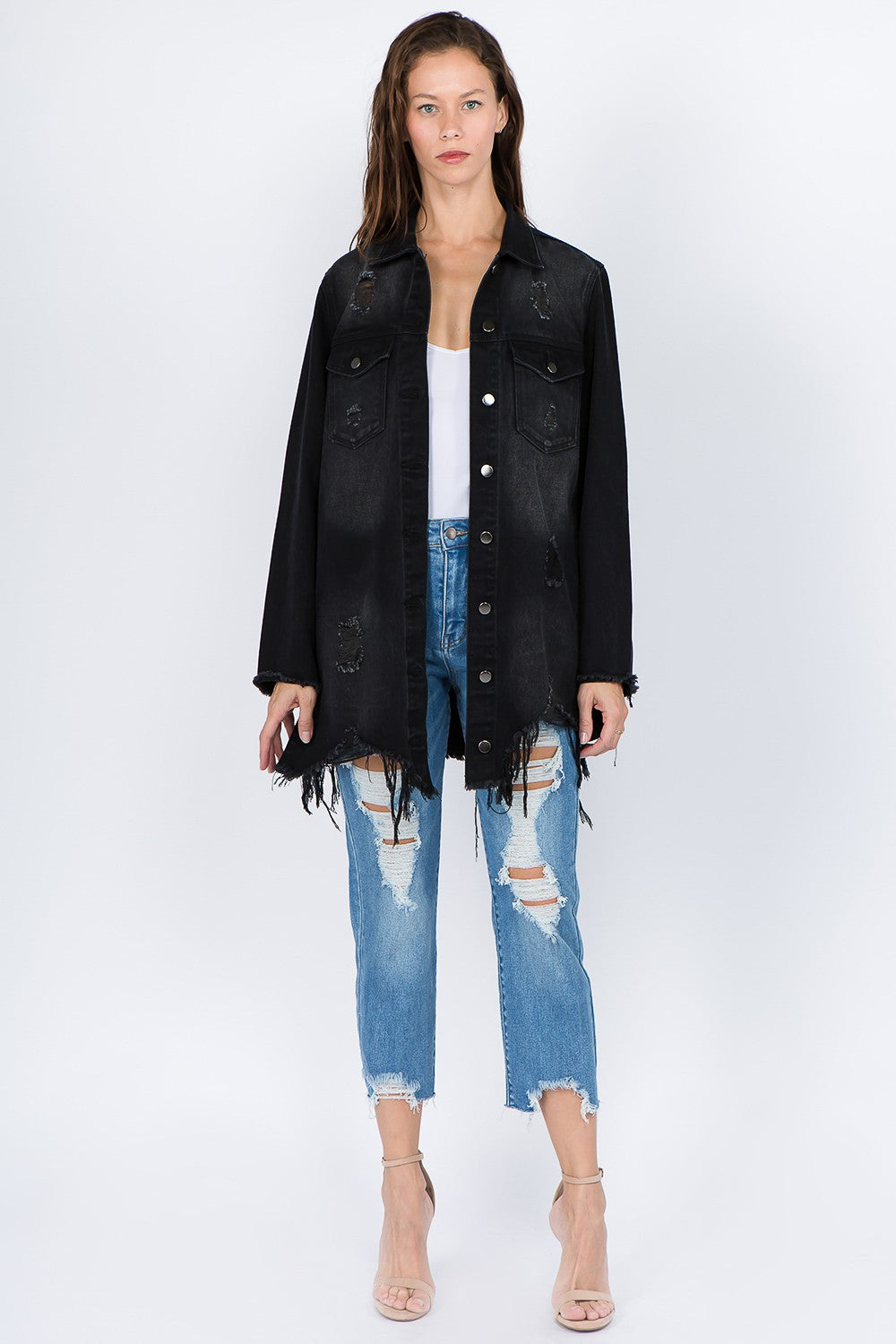 American Bazi Distressed Frayed Hem Denim Jacket-BT8D