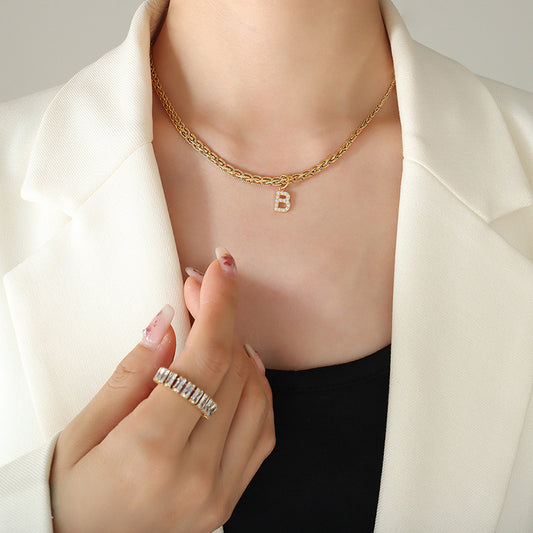 Brass Inlaid Zircon Letter Pendant Necklace-BT8D