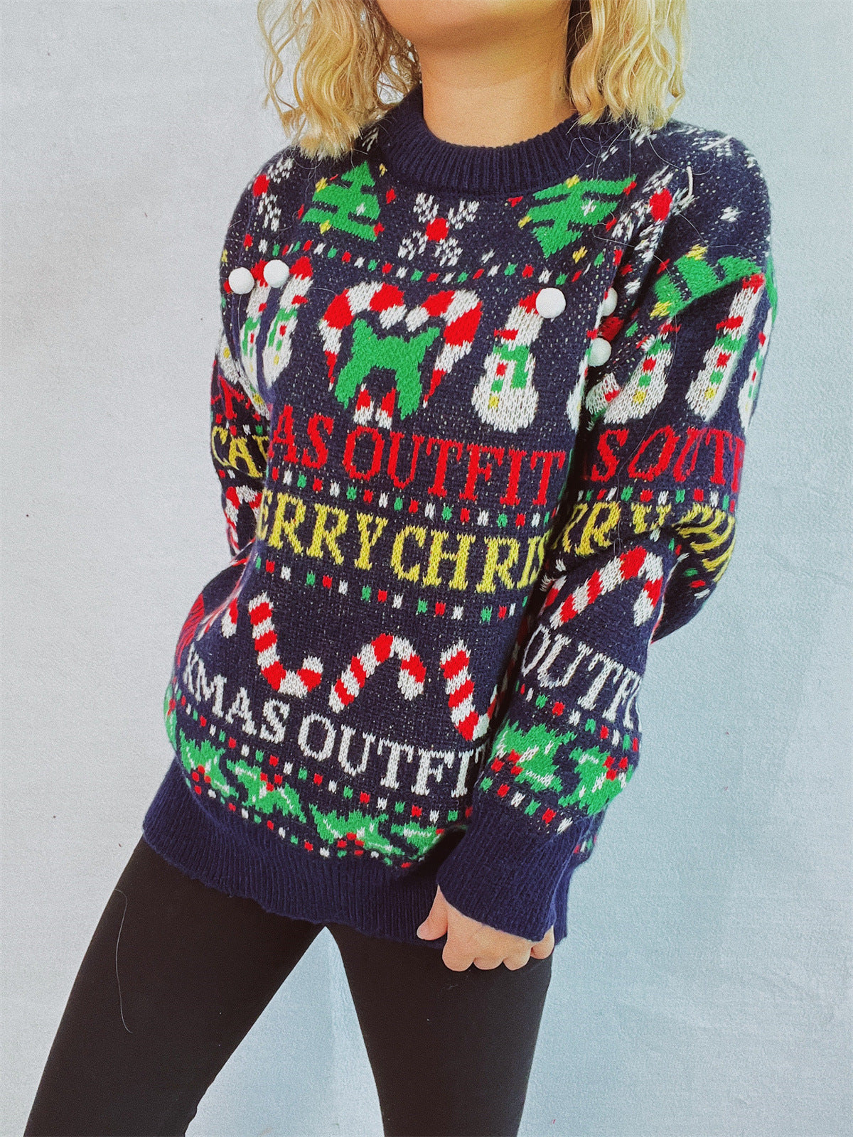 Christmas Pattern Round Neck Long Sleeve Sweater-BT8D