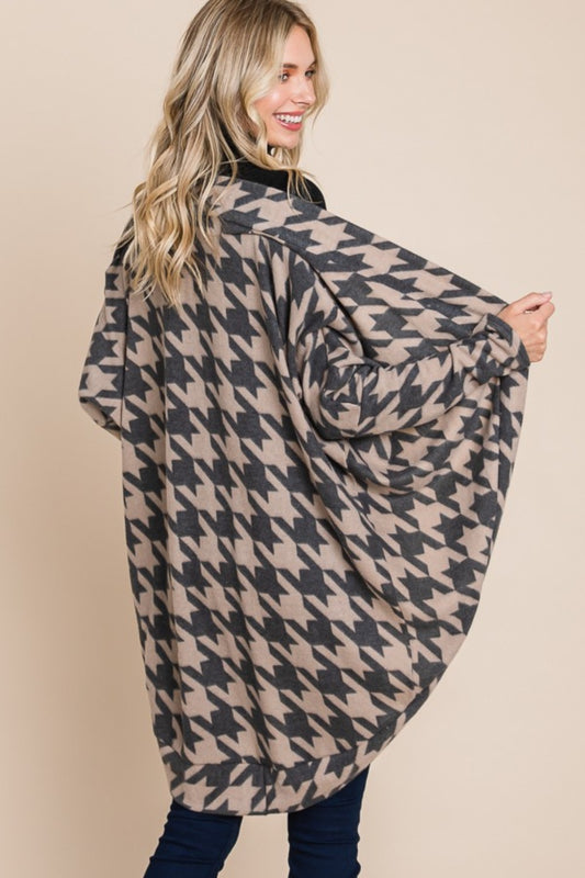 BOMBOM Houndstooth Open Front Cocoon Knit Cardigan-BT8D
