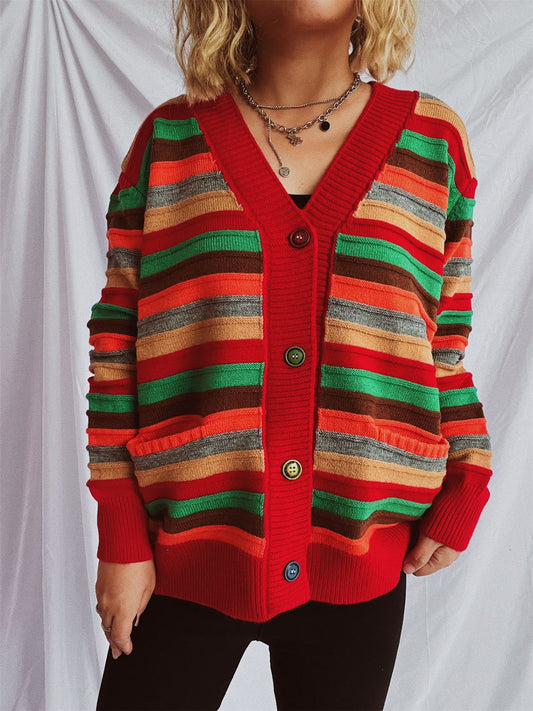 Contrast Stripes Button Up Long Sleeve Cardigan-BT8D