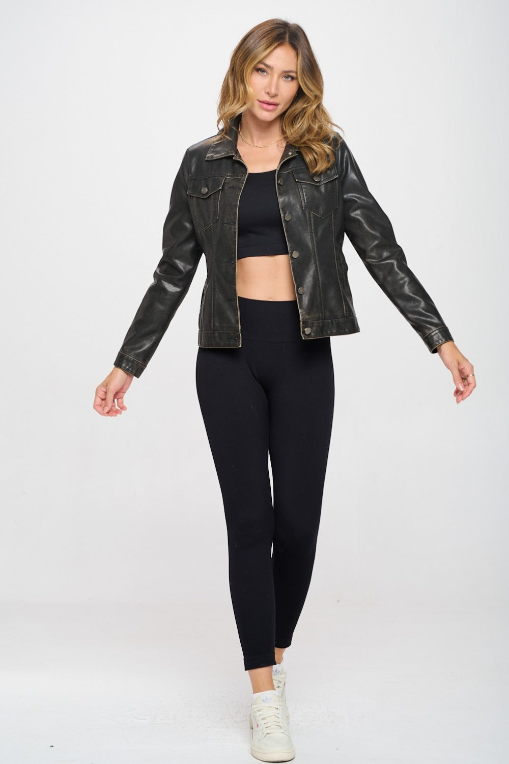 Coalition LA Button Down Cargo Vegan Leather Shacket-BT8D