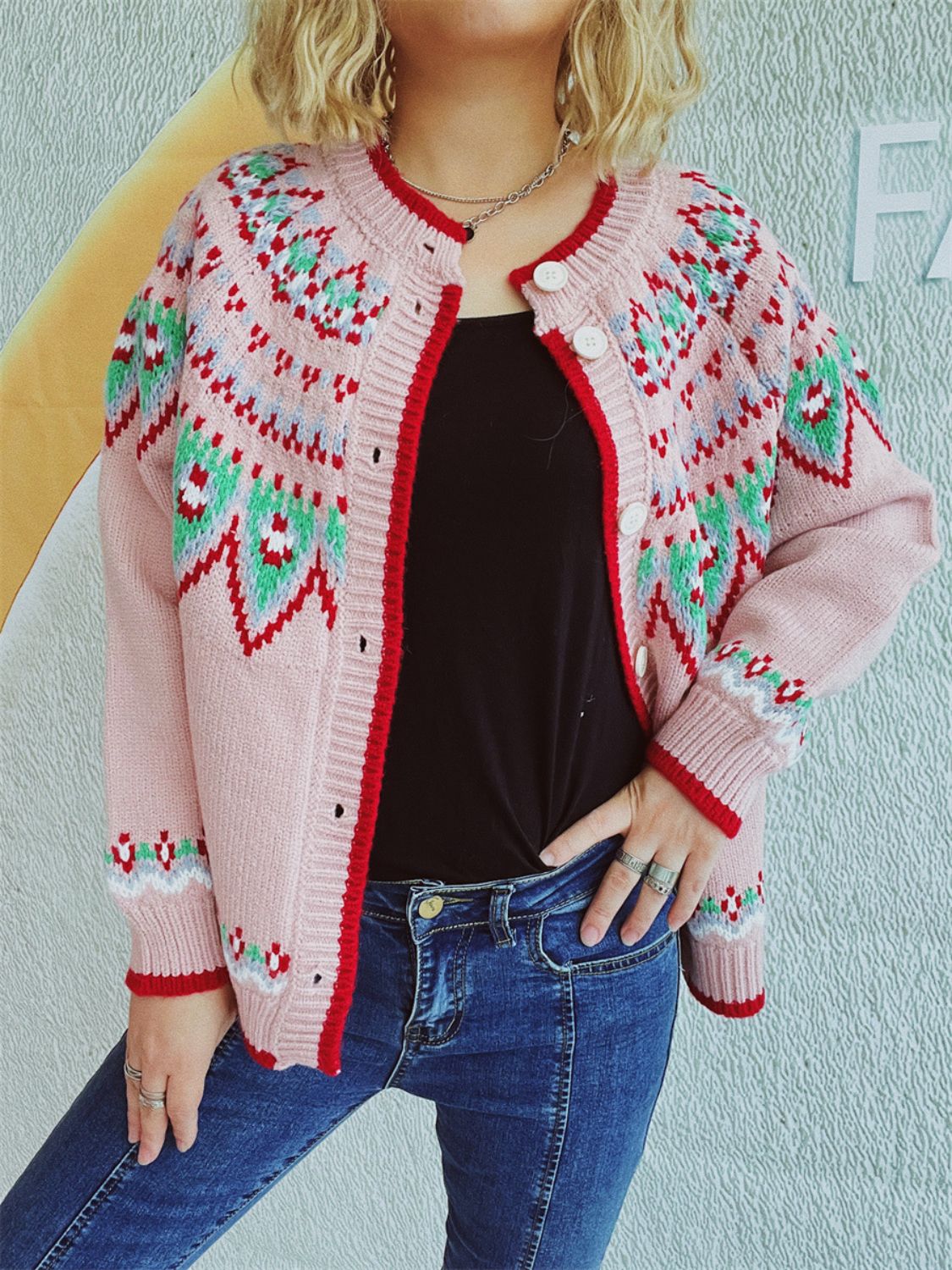 Contrast Geometric Round Neck Long Sleeve Cardigan-BT8D