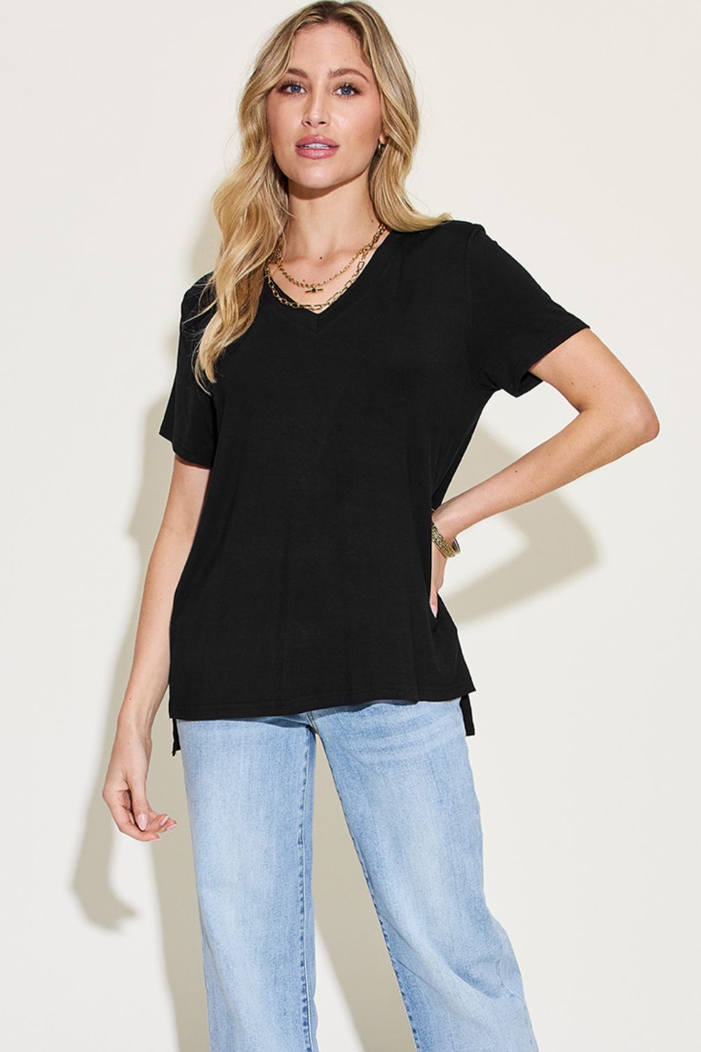 Basic Bae Full Size V-Neck High-Low T-Shirt-BT8D