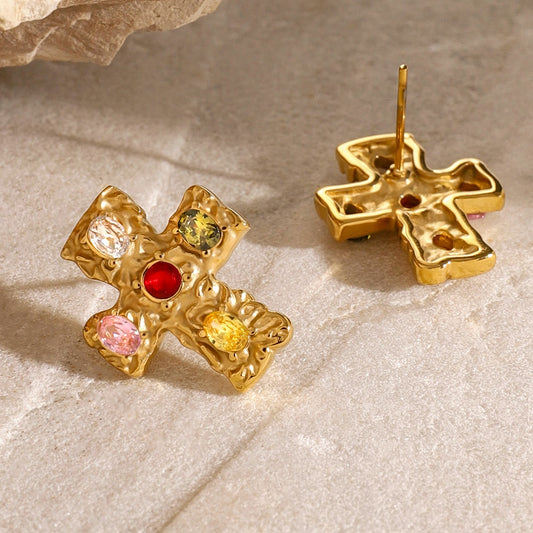 18K Gold-Plated Zircon Cross Earrings-BT8D