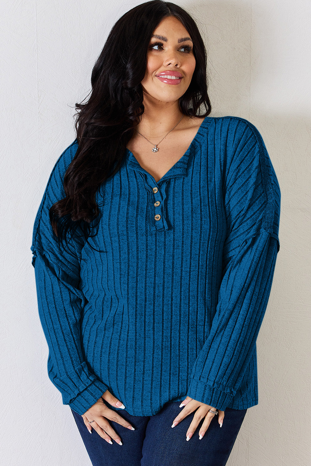 Basic Bae Full Size Ribbed Half Button Long Sleeve T-Shirt-BT8D