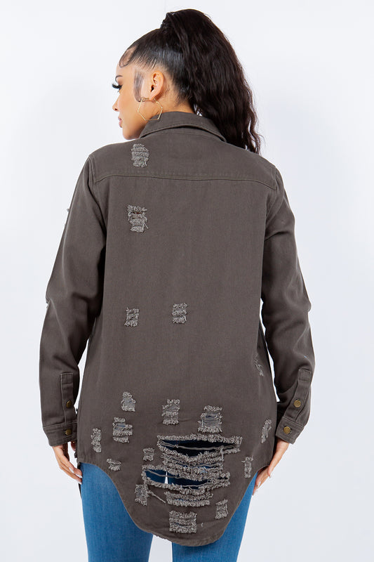 American Bazi Distressed Button Up Long Sleeve Denim Jacket-BT8D