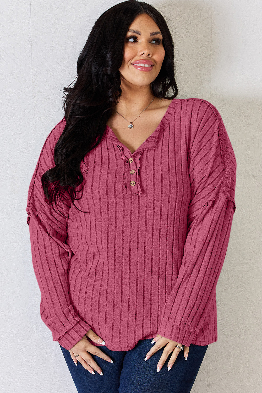 Basic Bae Full Size Ribbed Half Button Long Sleeve T-Shirt-BT8D
