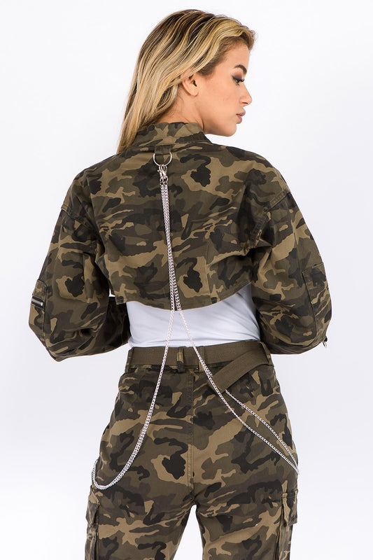 American Bazi Camouflage Cropped Jacket with Chains-BT8D